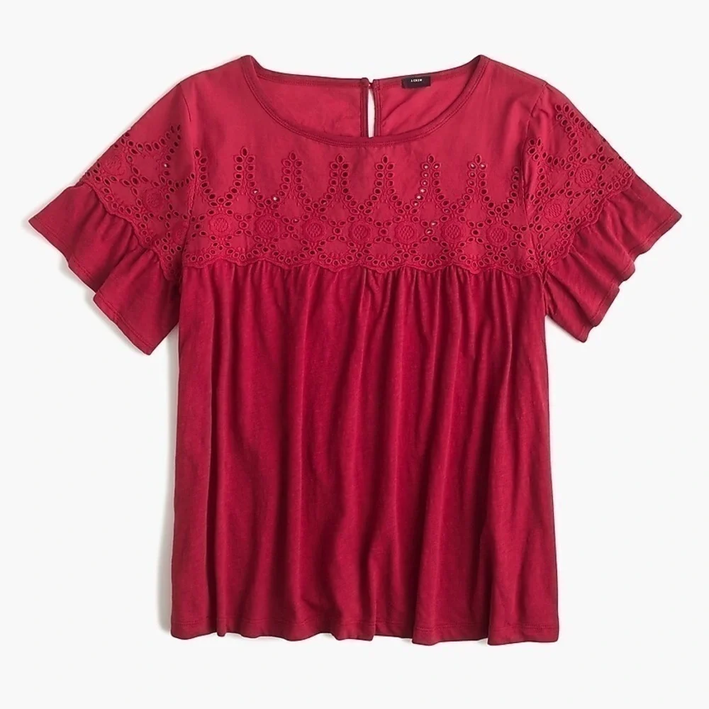 J crew flutter sleeve ruffle Eyelet lace top in vintage red cotton size small